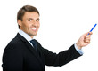 Photo: Business man showing, isolated Business man showing, isolated