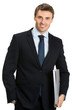 Business man with folder, on white
