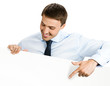 Photo: Businessman showing signboard, on white Businessman showing signboard, on white