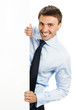 Photo: Businessman showing signboard, on white Businessman showing signboard, on white