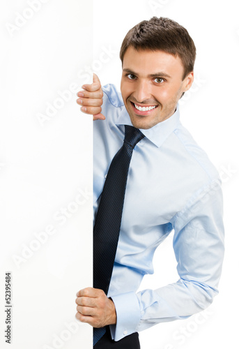 Photo: Businessman showing signboard, on white Businessman showing signboard, on white