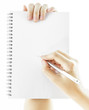 Blank notebook with hand holding a pen