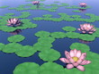Lotus flowers and leaves on water - 3D render