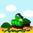 Cheerful caterpillar with leaves and apple.