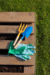 Gardening tools on a diy pot made of wooden pallet