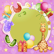 Baby shower card with toys and baby clothes