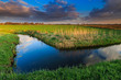 Grassland and ditch at sunset