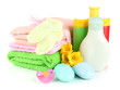 Baby cosmetics, towels and soap, isolated on white