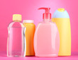 Baby cosmetics on pink background
