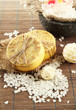 Hand-made soap and sea salt  on grey bamboo mat