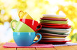 Mountains colorful dishes on napkins on nature background