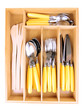 Wooden cutlery box with checked cutlery isolated on white