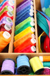 Sewing accessories in wooden box close up