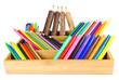 Different pencils in wooden crate, isolated on white