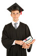 Young graduation man holding diploma and books, isolated