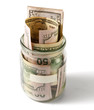 Photo: money on the bottle,dollar,isola ted on white background money on the bottle,dollar,isola ted on white background