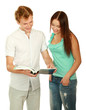 Young college boy and girl with book,