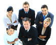 Top view of executives looking up and smiling