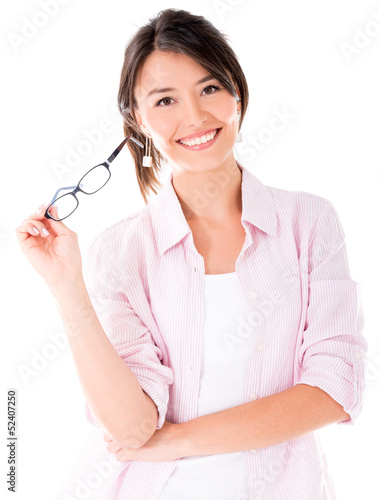 Photo: Casual woman holding glasses Casual woman holding glasses