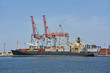 Container stack and ship under crane bridge