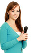 Smiling woman with microphone isolated on white background