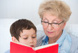 Grandmother and little boy reading book happy together at home
