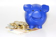 Blaues Schwein  steht auf Geld
