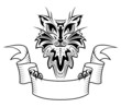 Tattoo style abstract cat with copy space banner ribbon