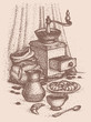 Vector still life. Cup of  coffee with croissants