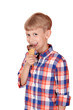 happy boy eat ice cream on white