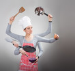 Busy housewife concept with many hands on grey background