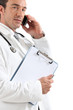 Doctor on phone with clipboard