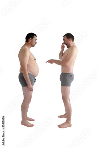 Photo: slim man laughs at his fat self slim man laughs at his fat self