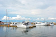 White motor yacht over harbor pier, Odessa, Ukraine