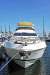 White motor yacht over harbor pier, Odessa, Ukraine
