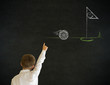Hand up answer boy business man with chalk golf ball flag green