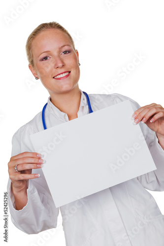 Photo: Ärztin mit Stethoskop und Schild Ärztin mit Stethoskop und Schild