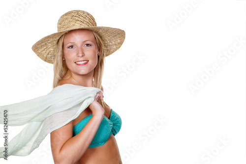 Photo: Frau mit Strohhut und Bikini, Frau mit Strohhut und Bikini,