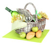Picnic basket with fruits and bottle of wine, isolated on white