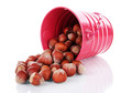 Overturned bucket with hazelnuts isolated on white