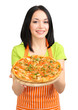 Girl housewife with delicious pizza isolated on white