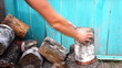 Chopping wood with axe