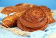 Composition with buns, on color napkin, on color background