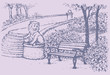 Vector park landscape. Bench beside statues of a lion near stair