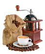 Photo: coffee mill, canvas bag with coffee beans and a cup of black cof coffee mill, canvas bag with coffee beans and a cup of black cof