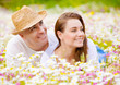 Beautiful couple on chamomile meadow