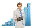 man with 3d graphics and tablet pc