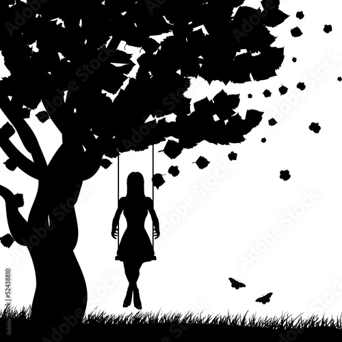 Vector: Girl on swing silhouette Girl on swing silhouette