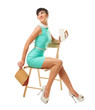 Glamorous girl with plastic cup and snacks sit on chair