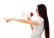 Girl with megaphone shows pointing gesture